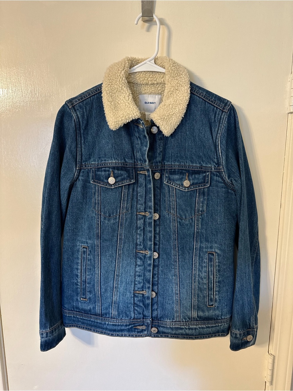 Old Navy Women's Blue Denim Jacket with Cream Sherpa Lining